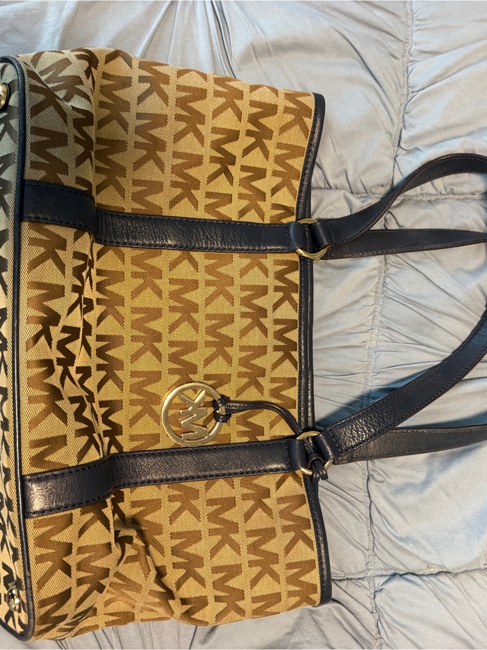 Michael Kors Brown & Tan MK Monogram Tote with Gold Logo Charm